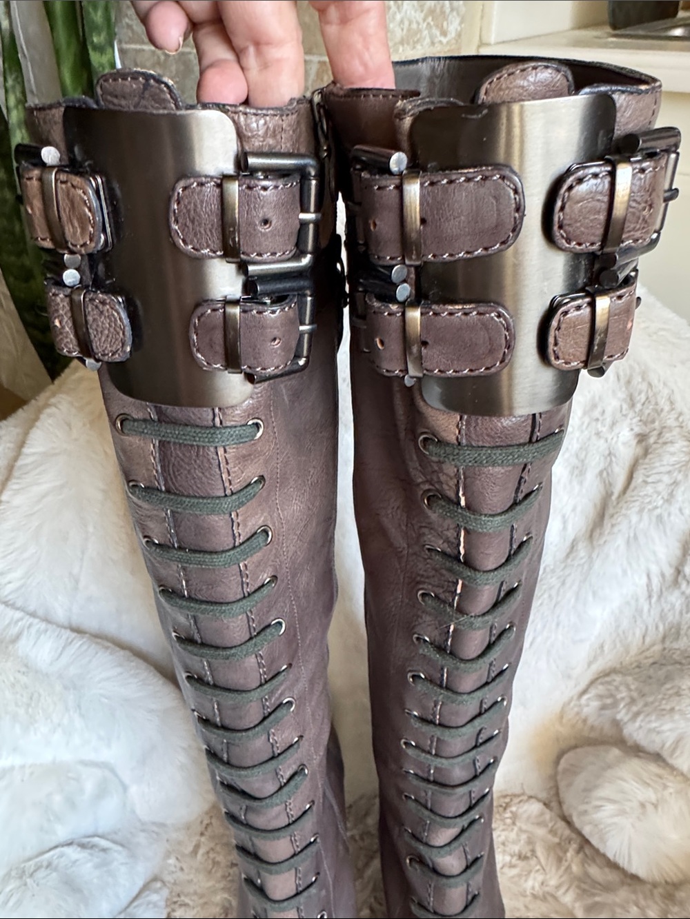 Via Spiga full Leather Tall Lace-Front Buckle Boots in Brown Taupe - Picture 5 of 15